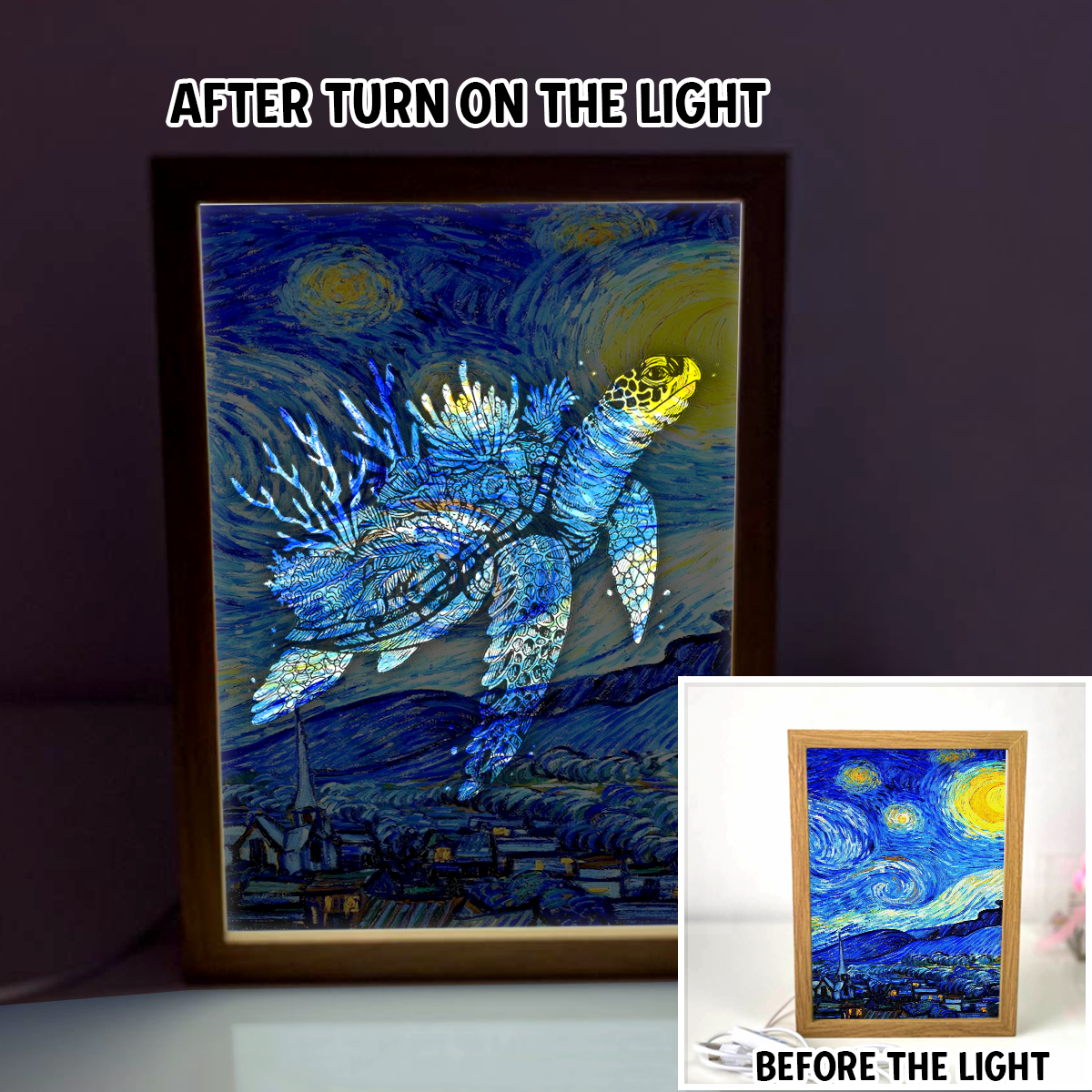 The Sea Turtle Showed Up On Art Background 4D Art Led Light Wooden Frame Night Light Decoration