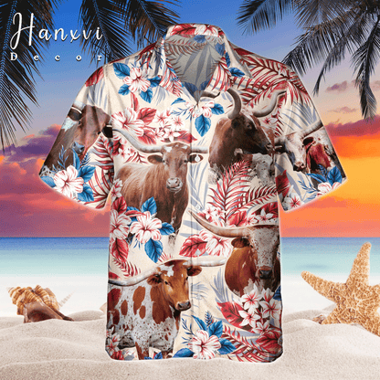 Texas Longhorn Cattle With American Flag Hawaiian Shirt