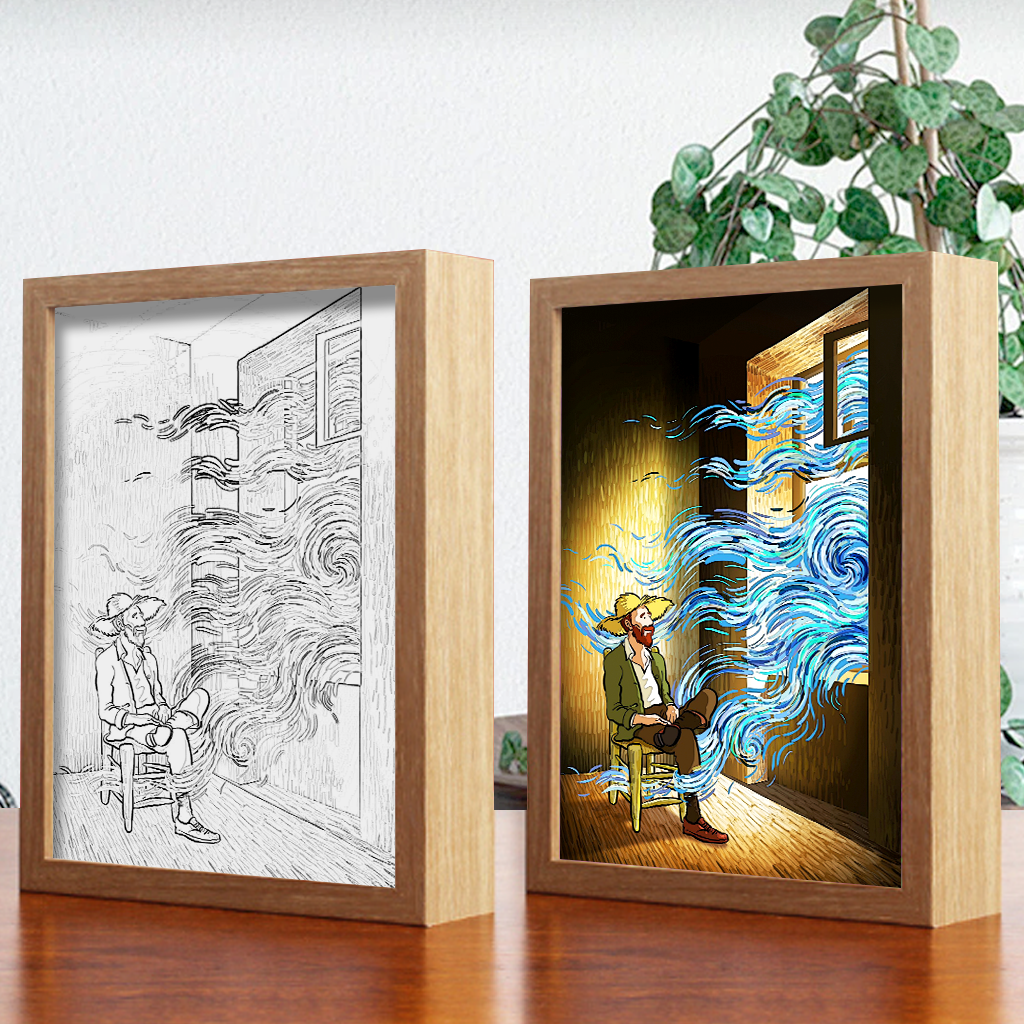 Chilling On The Chair And Feeling The Magical Outside The Window 4D Art Led Light Wooden Frame Night Light Decoration