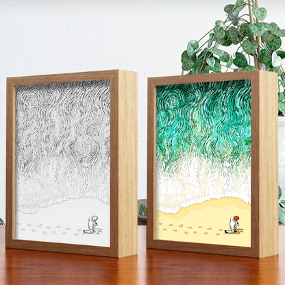 Jogging On The Sea With Footprints 4D Art Led Light Wooden Frame Night Light Decoration