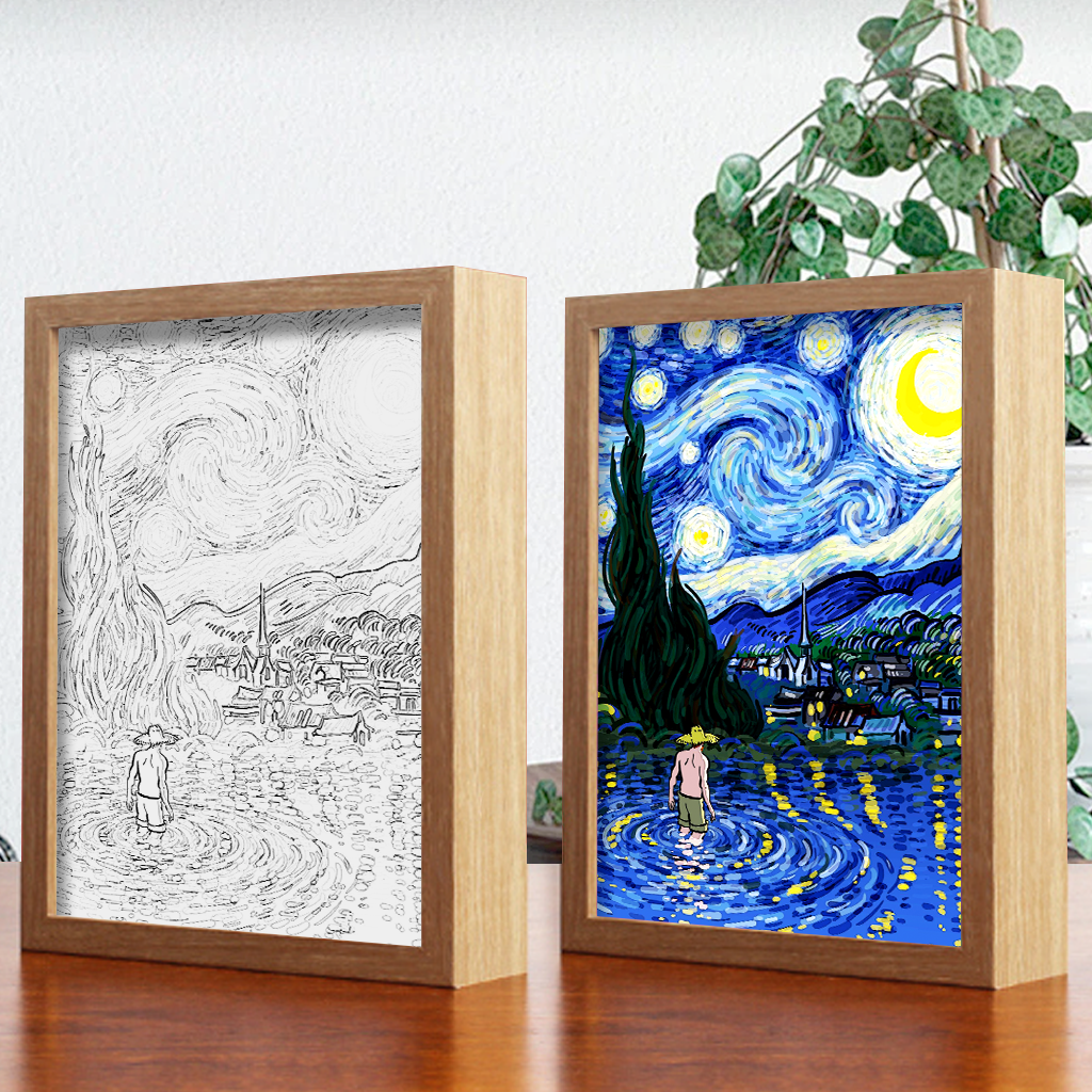 Late Night In The Countryside With Water And Moonlight 4D Art Led Light Wooden Frame Night Light Decoration