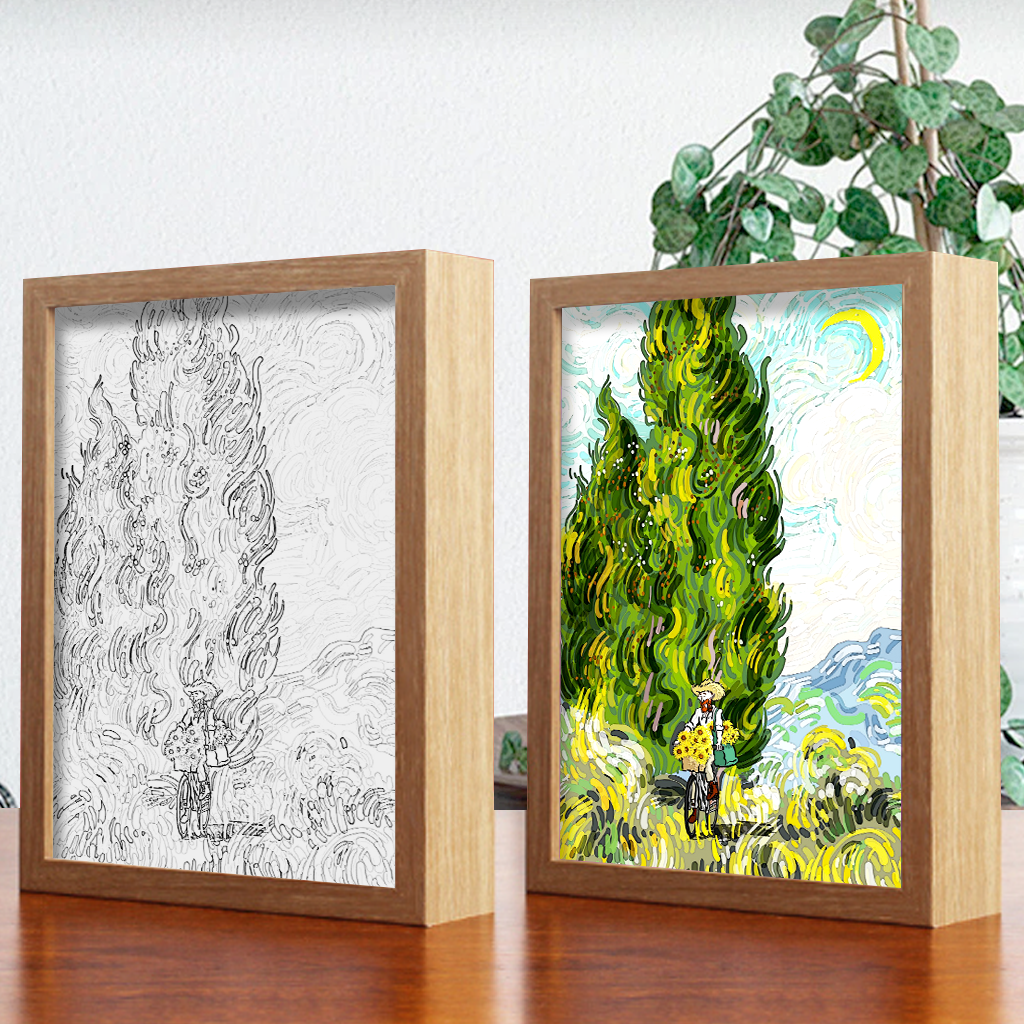 Cycling On The Mountain With Sunflowers  4D Art Led Light Wooden Frame Night Light Decoration