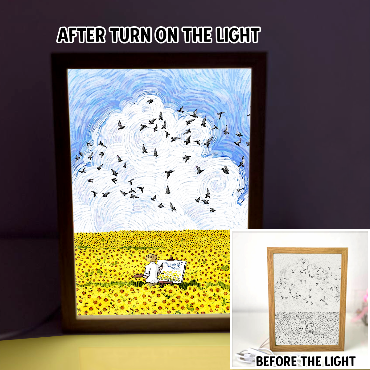 Drawing In The Middle Of Sunflower Field With Sunshine And Birds 4D Art Led Light Wooden Frame Night Light Decoration