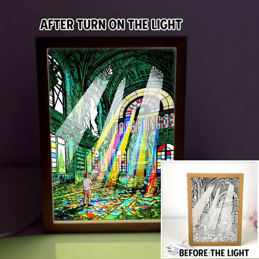 In The Church Enjoying Beautiful Lights Through Glasses 4D Art Led Light Wooden Frame Night Light Decoration