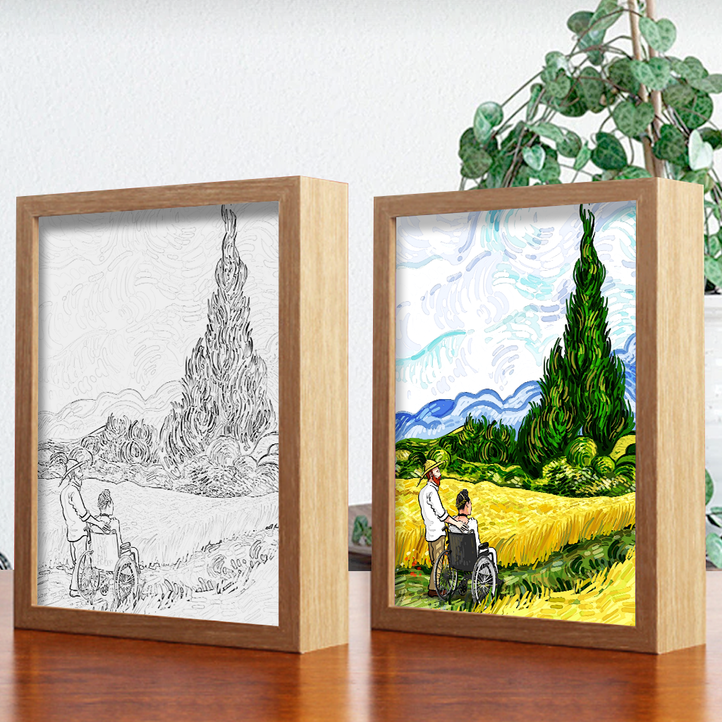 With A Friend Enjoying The Air Of Countryside 4D Art Led Light Wooden Frame Night Light Decoration
