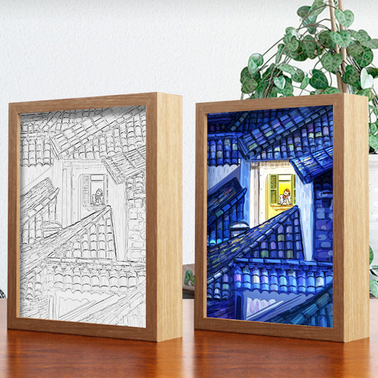 Chilling At The Midnight In An Old House 4D Art Led Light Wooden Frame Night Light Decoration