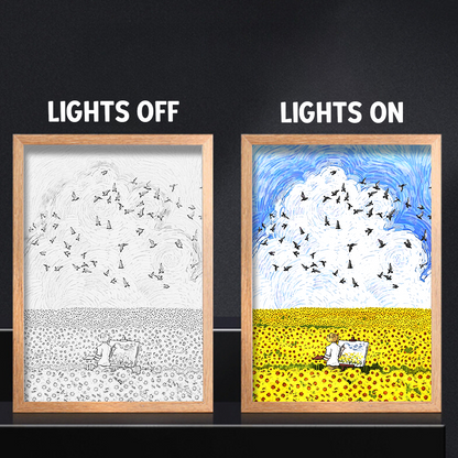 Drawing In The Middle Of Sunflower Field With Sunshine And Birds 4D Art Led Light Wooden Frame Night Light Decoration