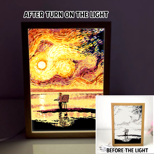 Drawing Sky In  Middle Of Lake Orange Tone 4D Art Led Light Wooden Frame Night Light Decoration