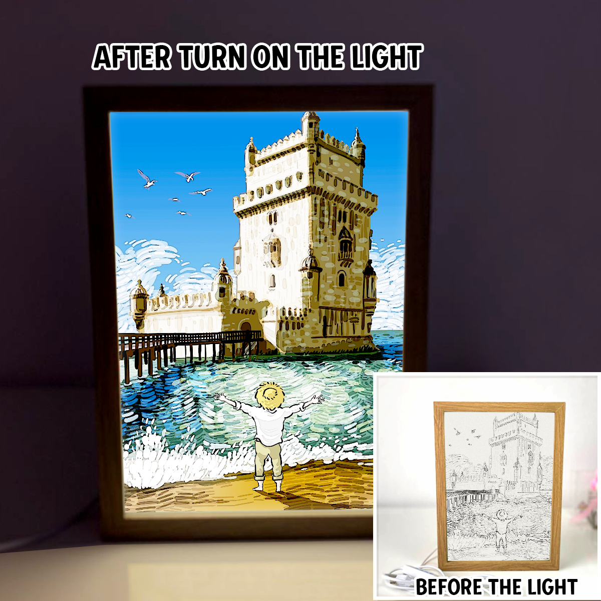 Enjoying The Sunshine On The Sea Beside An Old Castle 4D Art Led Light Wooden Frame Night Light Decoration
