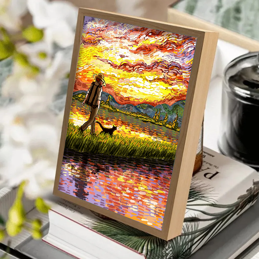 On The Walking Way Home With A Black Cat In The Sunset 4D Art Led Light Wooden Frame Night Light Decoration