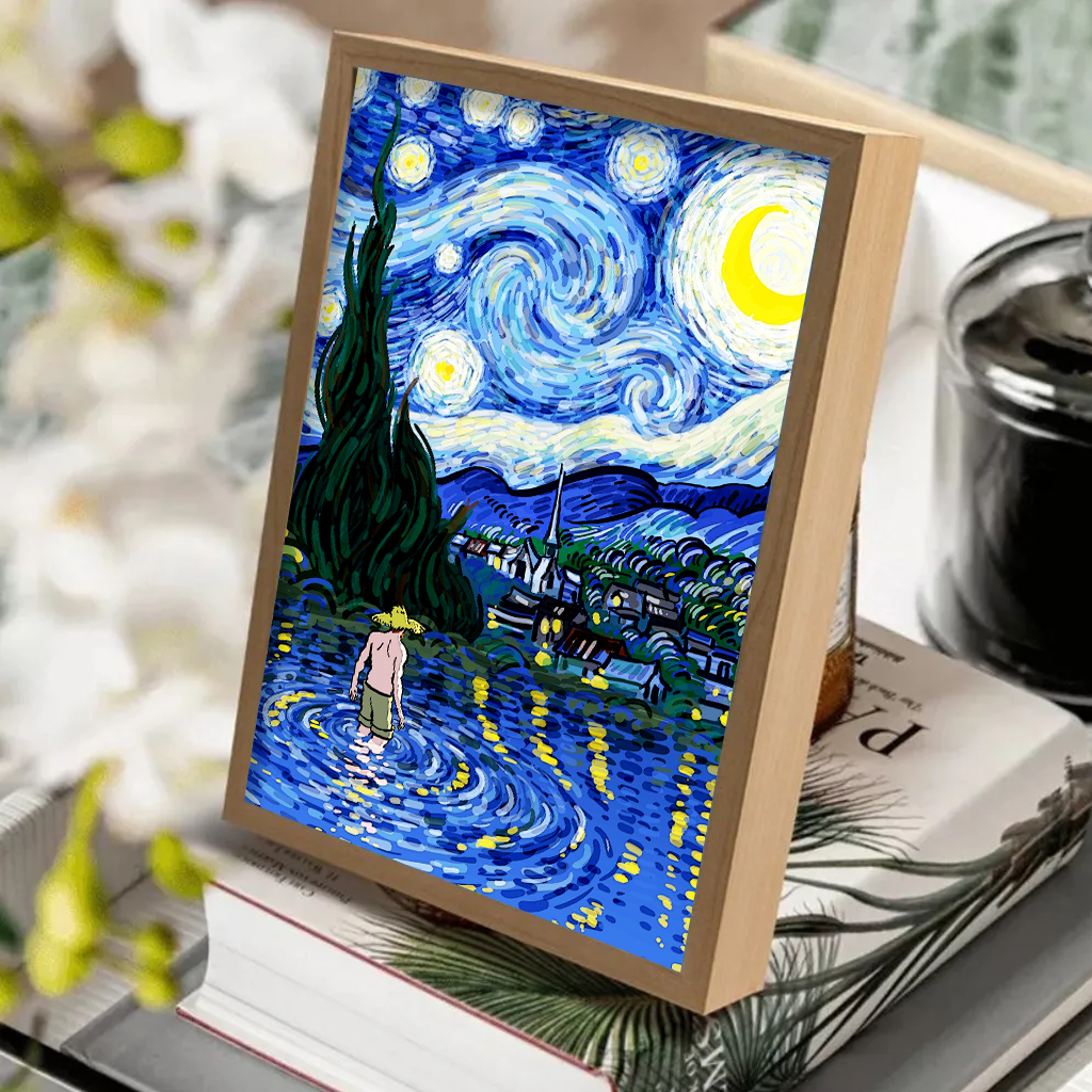 Late Night In The Countryside With Water And Moonlight 4D Art Led Light Wooden Frame Night Light Decoration