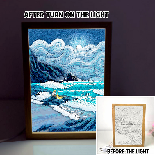 Campfire At The Midnight Beside The Sea 4D Art Led Light Wooden Frame Night Light Decoration