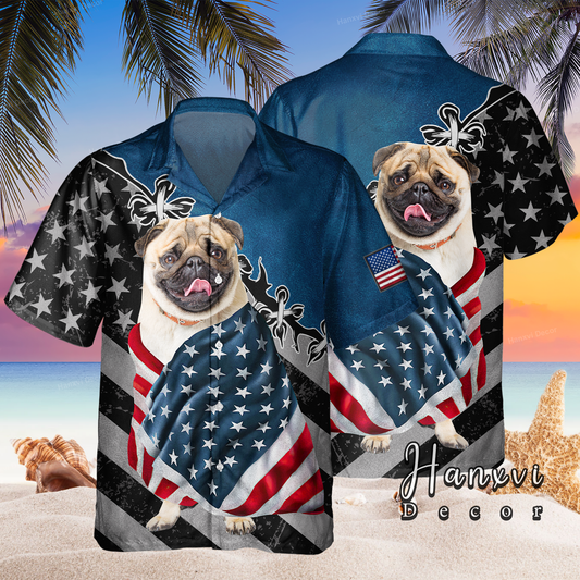 Pug With American Flag Hawaiian Shirt