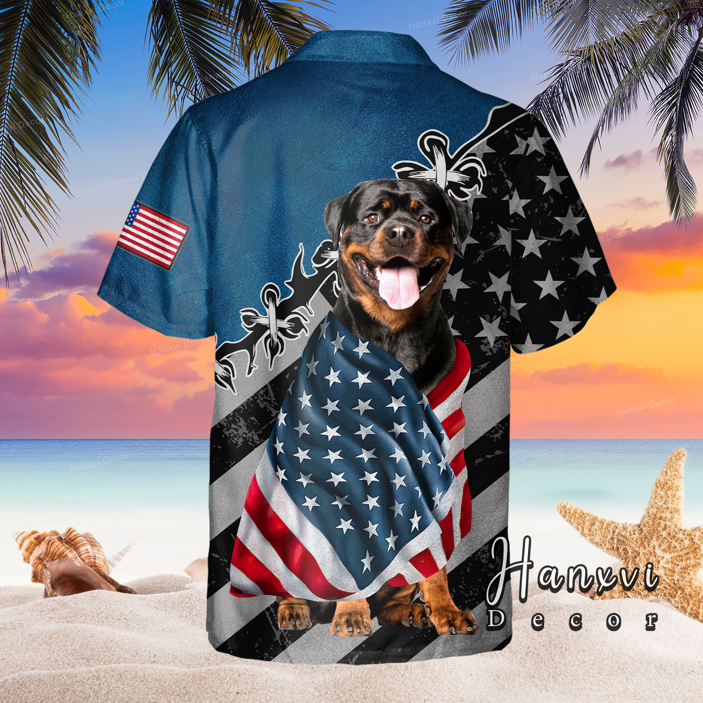 Rottweiler Dog With American Flag Hawaiian Shirt