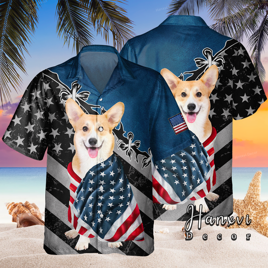Corgi With American Flag Hawaiian Shirt