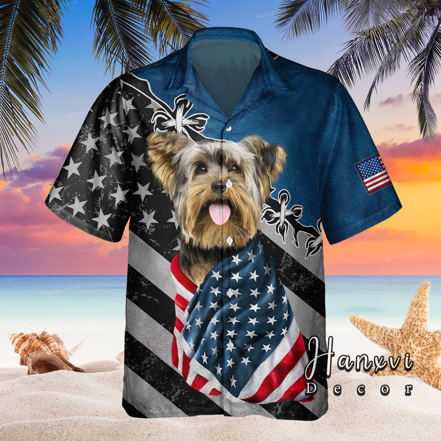 Yorkshire Terrier With American Flag Patriotic Hawaiian Shirt