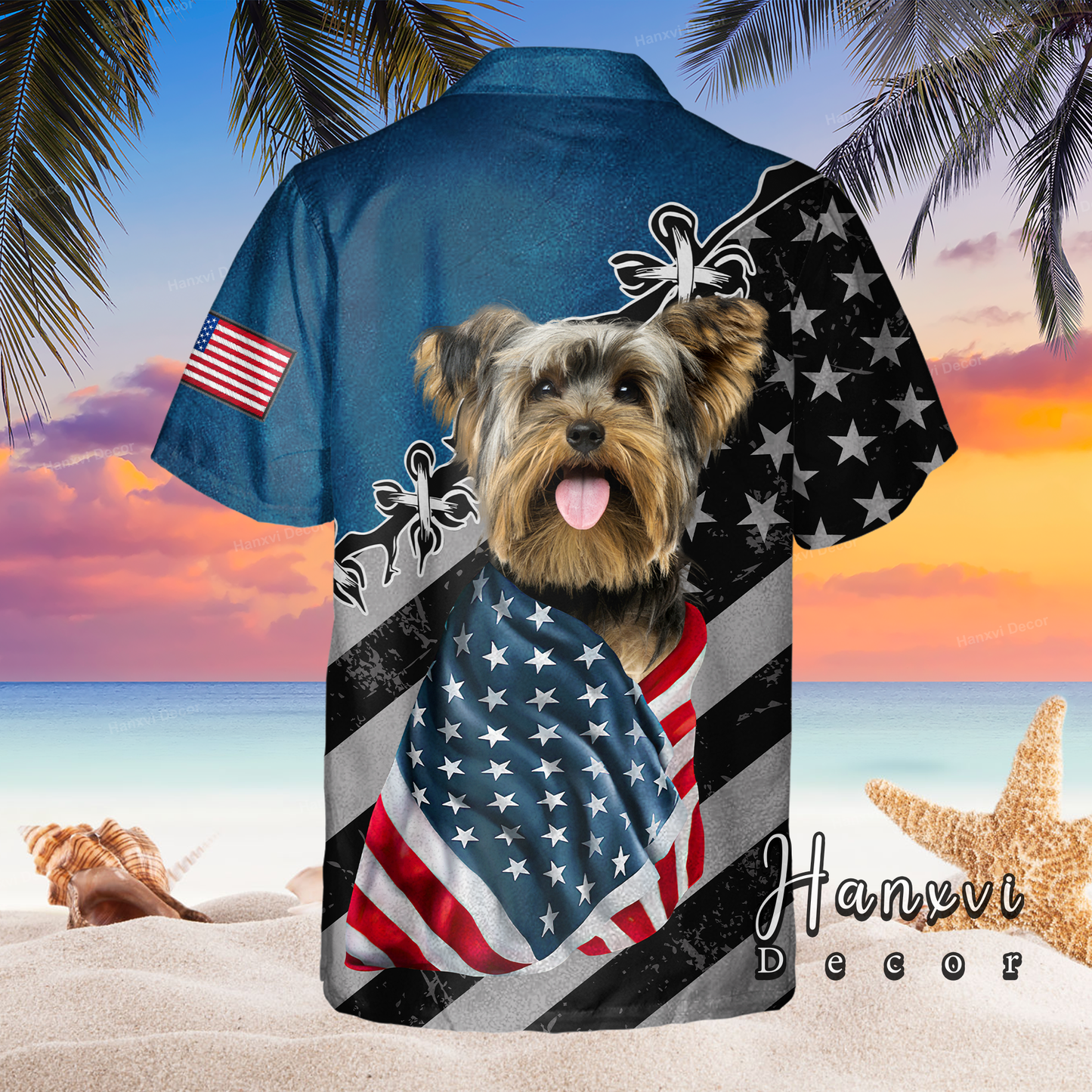 Yorkshire Terrier With American Flag Patriotic Hawaiian Shirt