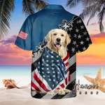 Golden Retriever With American Flag Hawaiian Shirt