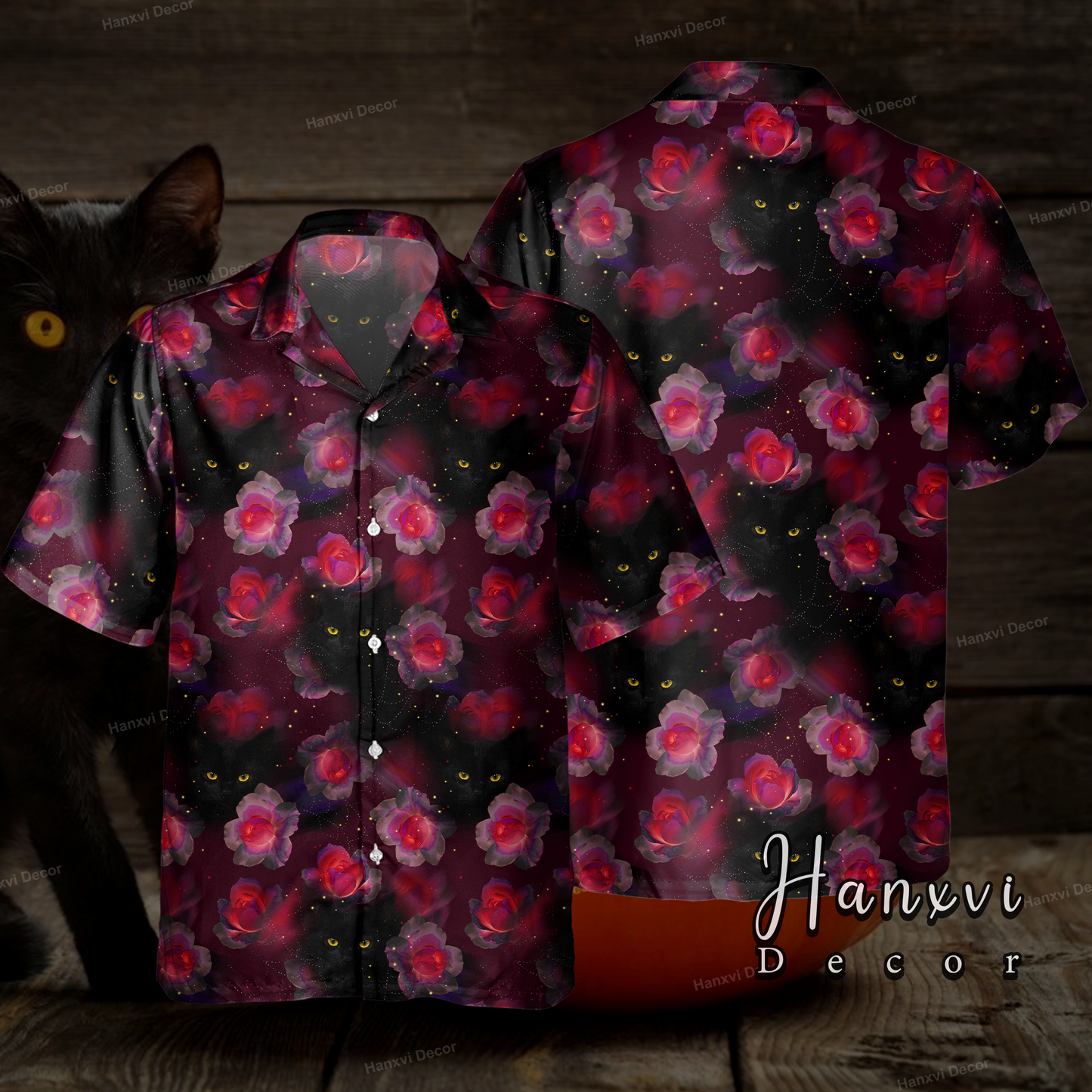 Black Cat With Pink Flower Hawaiian Shirt