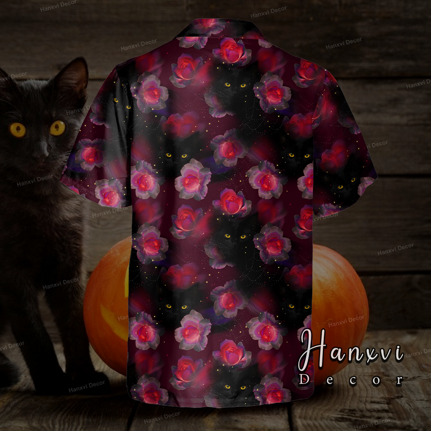 Black Cat With Pink Flower Hawaiian Shirt