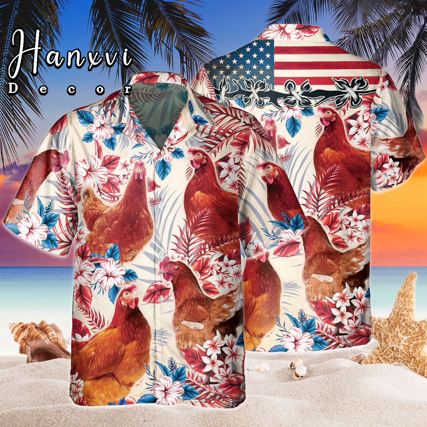 Chicken With American Flag Hawaiian Shirt