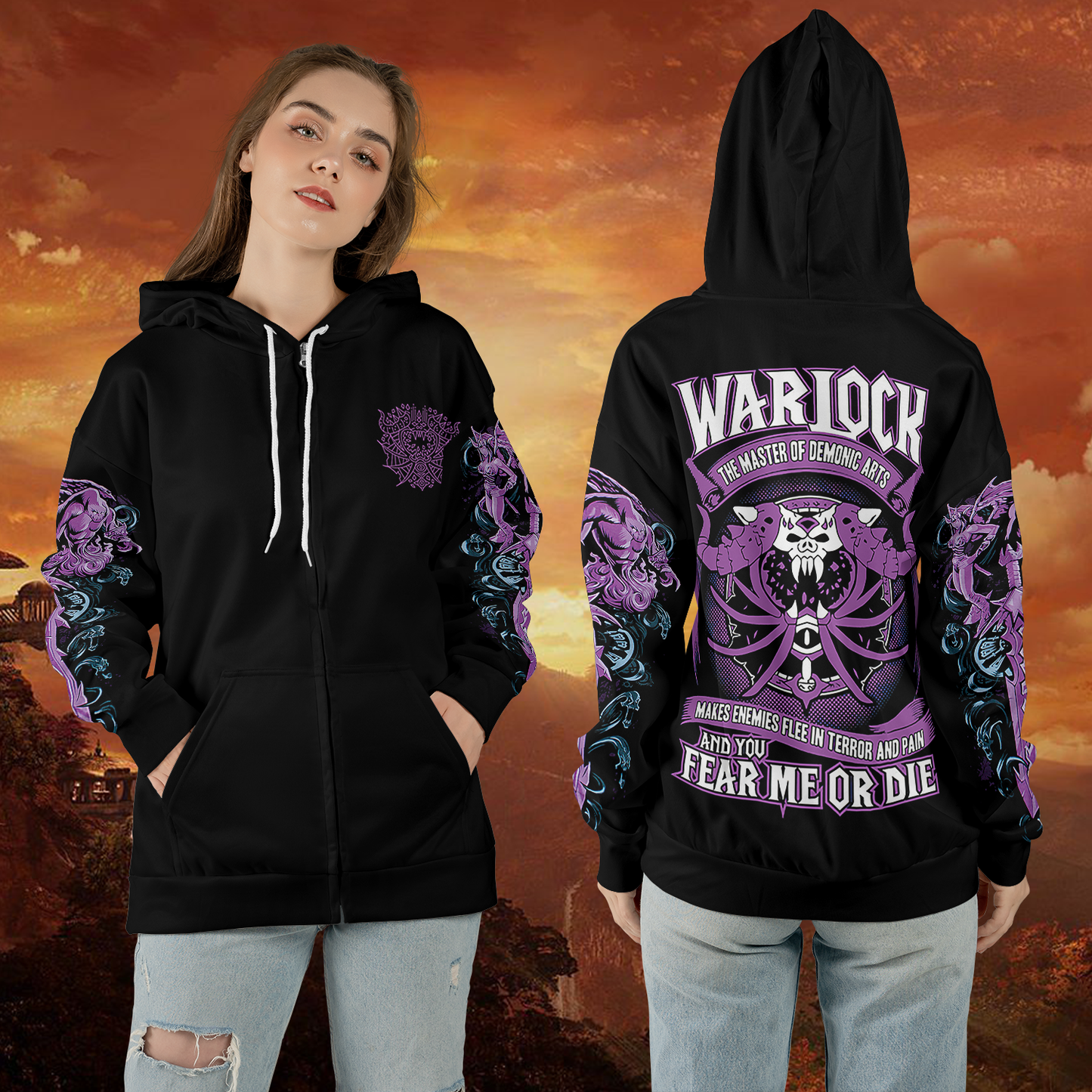 WoW Warlock Class Definition Icon V1 All-over Print Zip Hoodie
